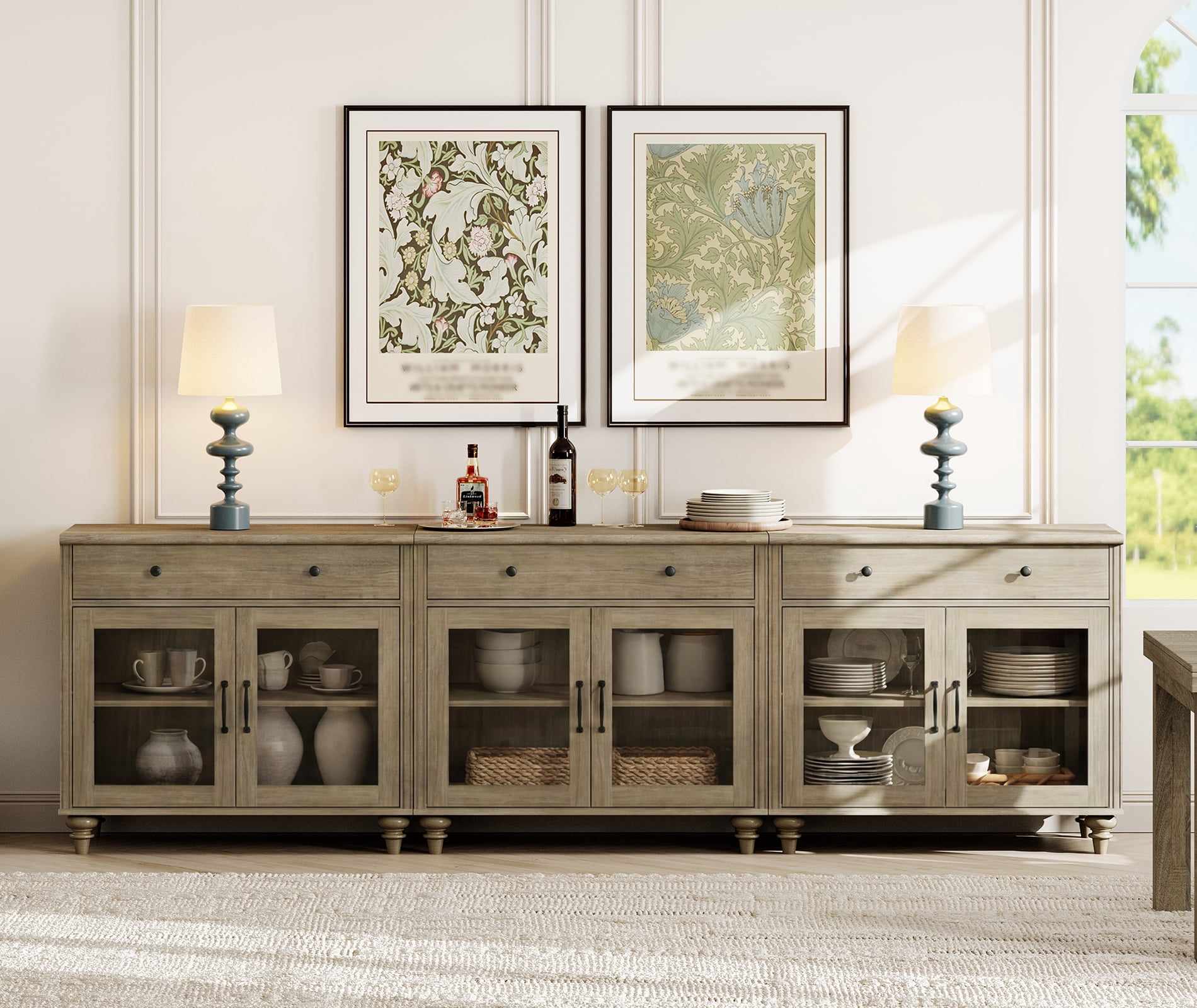 101" Wash Gray Glass Door Buffet Cabinet with Drawer, Farmhouse Sideboard with Storage