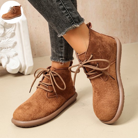 Willtoo Women's Vintage Lace Up Ankle Boots, Woven Texture Faux Suede Booties with Flat Sole, Casual Short Boots