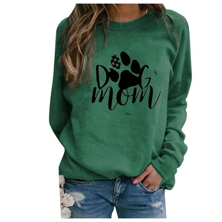 TIHLMK Sweatshirt Hoodies Women Casual Long Sleeve Dog Paw Printing O-Neck Tops Shirt Blouse Pullover Green
