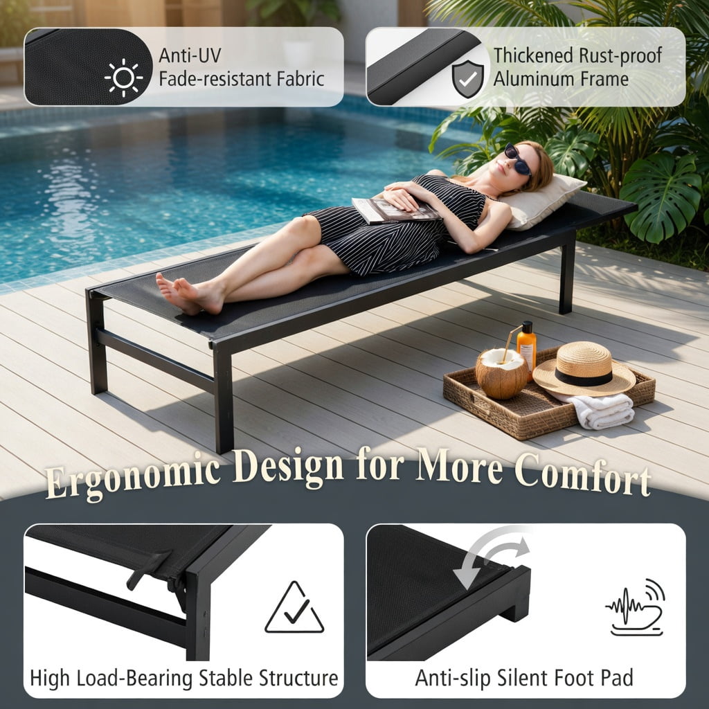Hommoo 6-Position Adjustable Chaise Lounge Chair with Rustproof Aluminum Frame, Outdoor Recliner for Patio, Poolside & Backyard, Black
