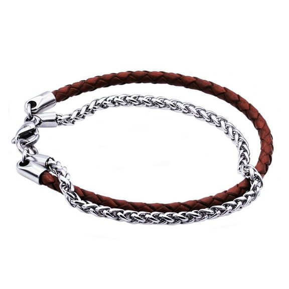 Arista Franco Chain and Brown Leather Men's Bracelet in Stainless Steel, 8"