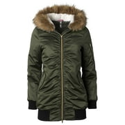 Pink Platinum Juniors' Plus Tunic Length Ruched BomberJacket with Fur-Trimmed Hood