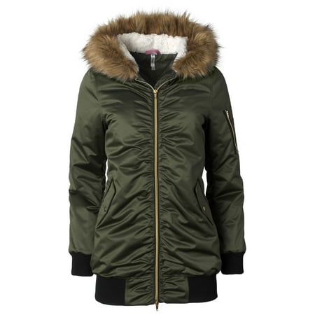 Pink Platinum Juniors' Plus Tunic Length Ruched BomberJacket with Fur-Trimmed Hood