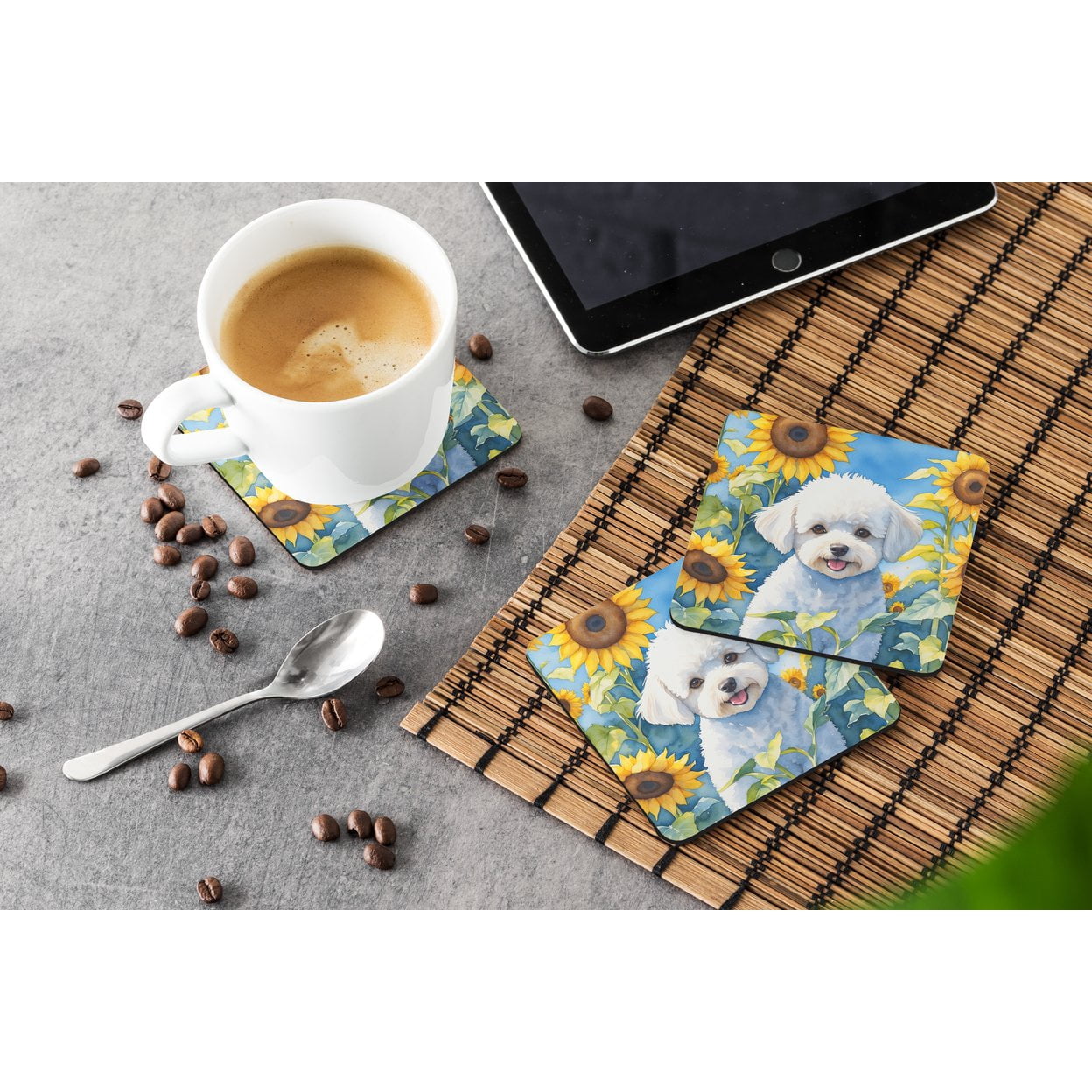 Bichon Frise in Sunflowers Foam Coasters 3.5 in x 3.5 in