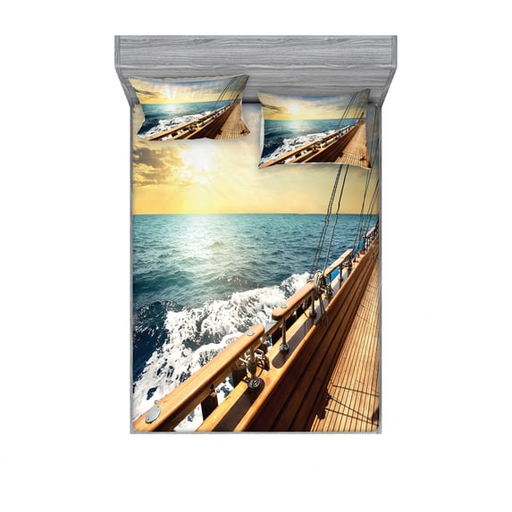 Nautical Bedding Set with Sheet & Covers, Sailboat in Mediterranean Waves at Sunset Sky Relax Yacht Wind Relax Scenery, Printed Bedroom Decor 2 Shams, 4 Sizes, Cream and Blue, by Ambesonne