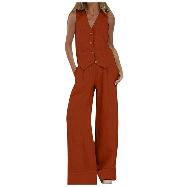 Conjunto de chaleco sin mangas con botones de algodón para mujer: pantalones anchos con bolsillos, mezcla de poliéster, atuendo informal de negocios