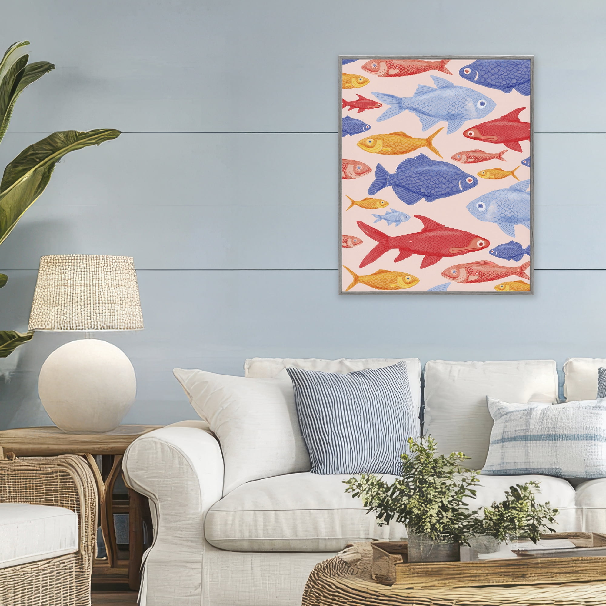 Stupell Industries Red Yellow and Blue Fish Gray Framed Giclee Art, design by The Paper Curator