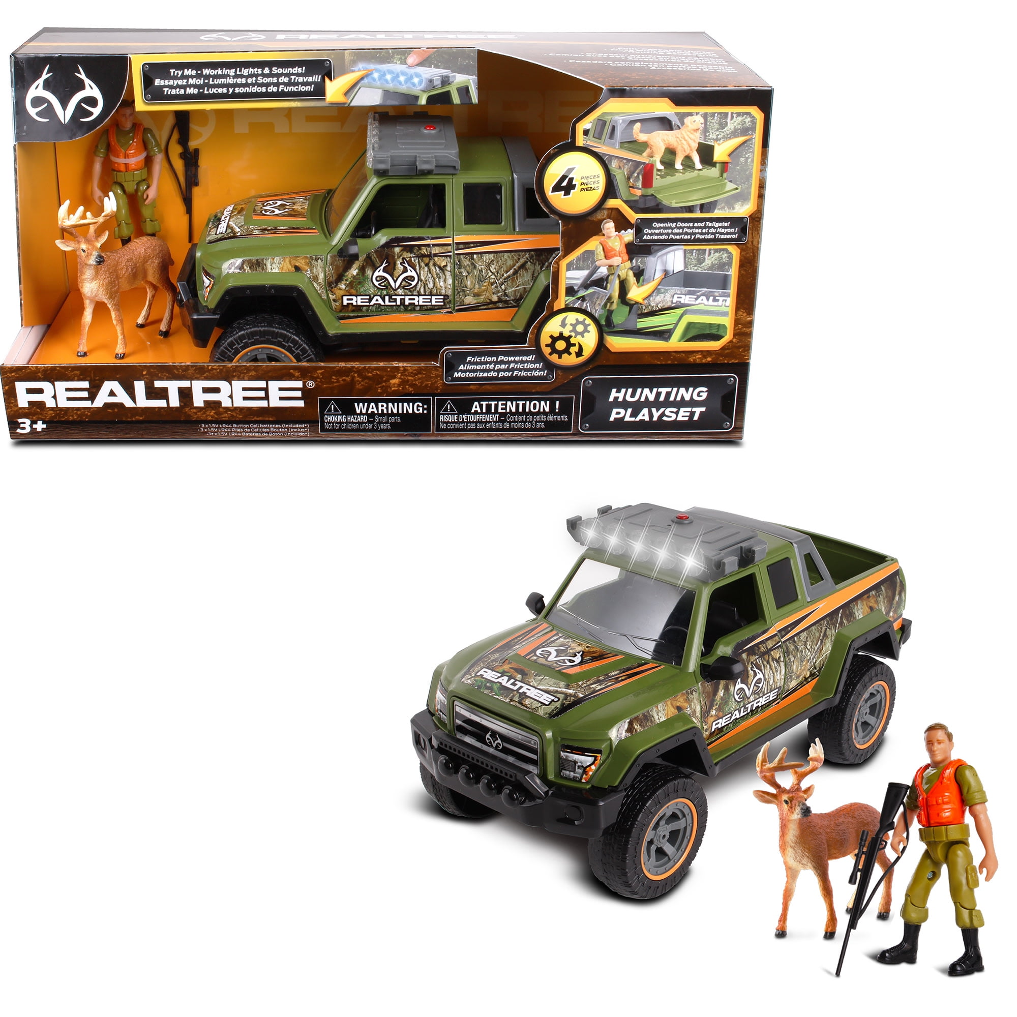 NKOK RealTree 1:18 Scale: Buck Hunting Playset - 4 Piece Friction Powered Lights & Sounds Truck Playset, RealTRee Edge Camouflage, Buck Hunting #21721,  Officially Licensed, For Kids Ages 3+