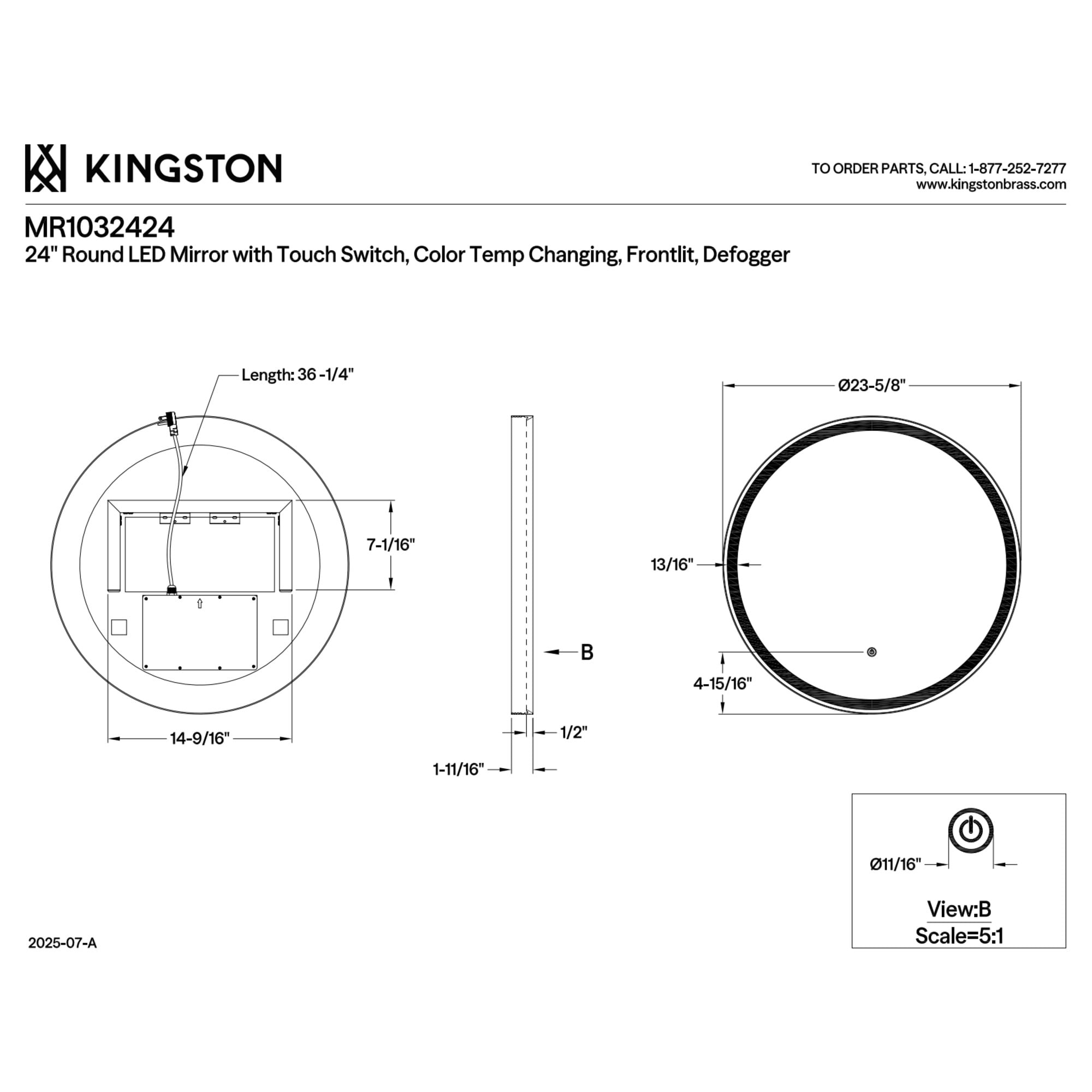 Kingston Brass MR1032424 Aurora 24-Inch Round LED Bathroom Mirror, Front Light, Anti-Fog, Dimmable Touch Sensor Lighted Mirror in Silver/Nickel