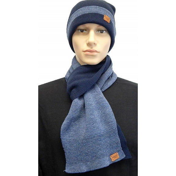 London Fog Adult Men Knit Hat and Scarf Set - Slouchy Beanie Hat Skull Cap (Navy/Blue)