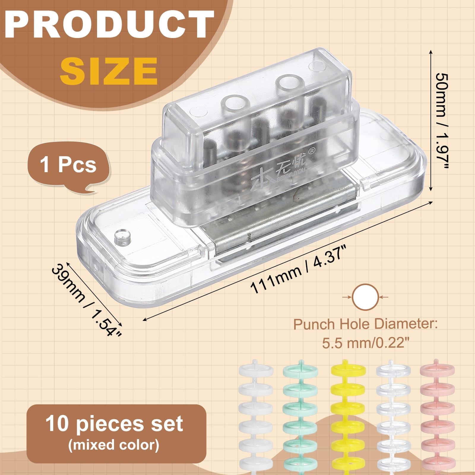 Uxcell 5 Hole Paper Punch, Hole Punch Binding Machine Spiral Coil Binder with 10Pcs 30 Ring Loose Leaf Binder Spines 5 Sheets Capacity for DIY Planner Scrapbook Office, Transparent White