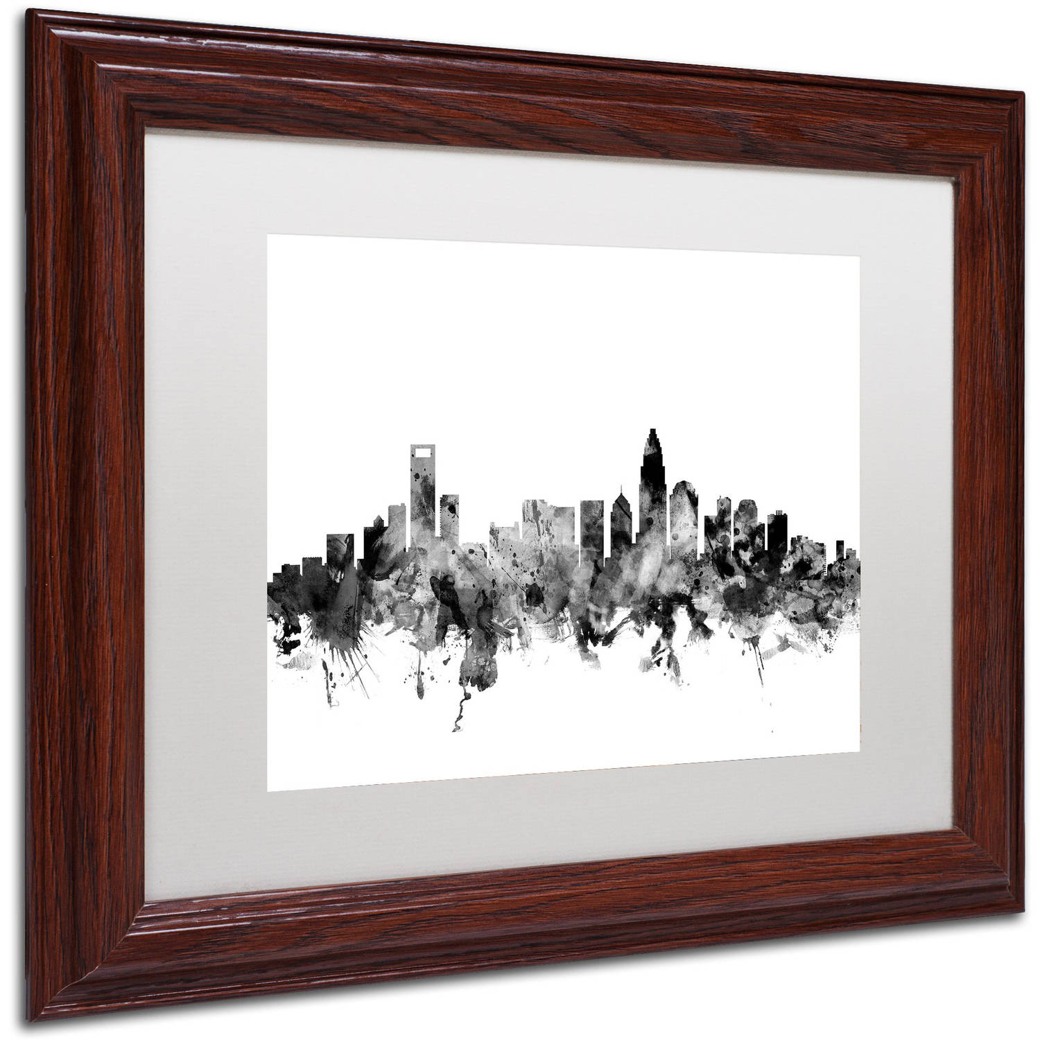 Trademark Fine Art "Charlotte NC Skyline B&W" Canvas Art by Michael Tompsett, White Matte, Wood Frame