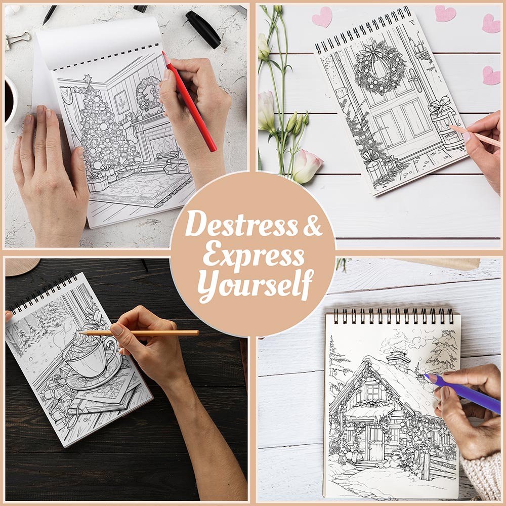 Netecom Calming Christmas Coloring Book Spiral Bound For Adults, A5 Wooden Cover, 30 Beautiful Coloring Pages of Tranquil Winter Scenes for Stress Relief and Relaxation