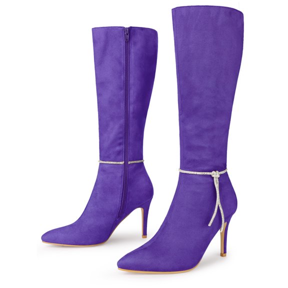 DARING DIVA Women's Rhinestone Chain Pointed Toe Stiletto Heels Boots Dark Purple 9
