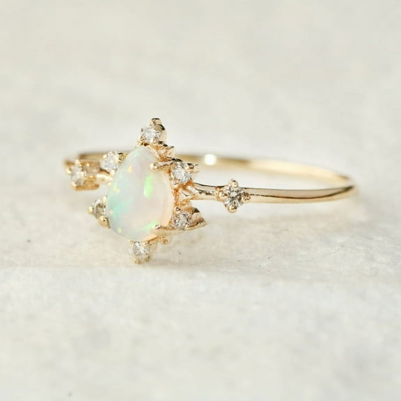 Pear Cut Opal & Cubic Zirconia Ring, 925 Sterling Silver Ring, Anniversary Ring, Gift For Her. Perong Setting