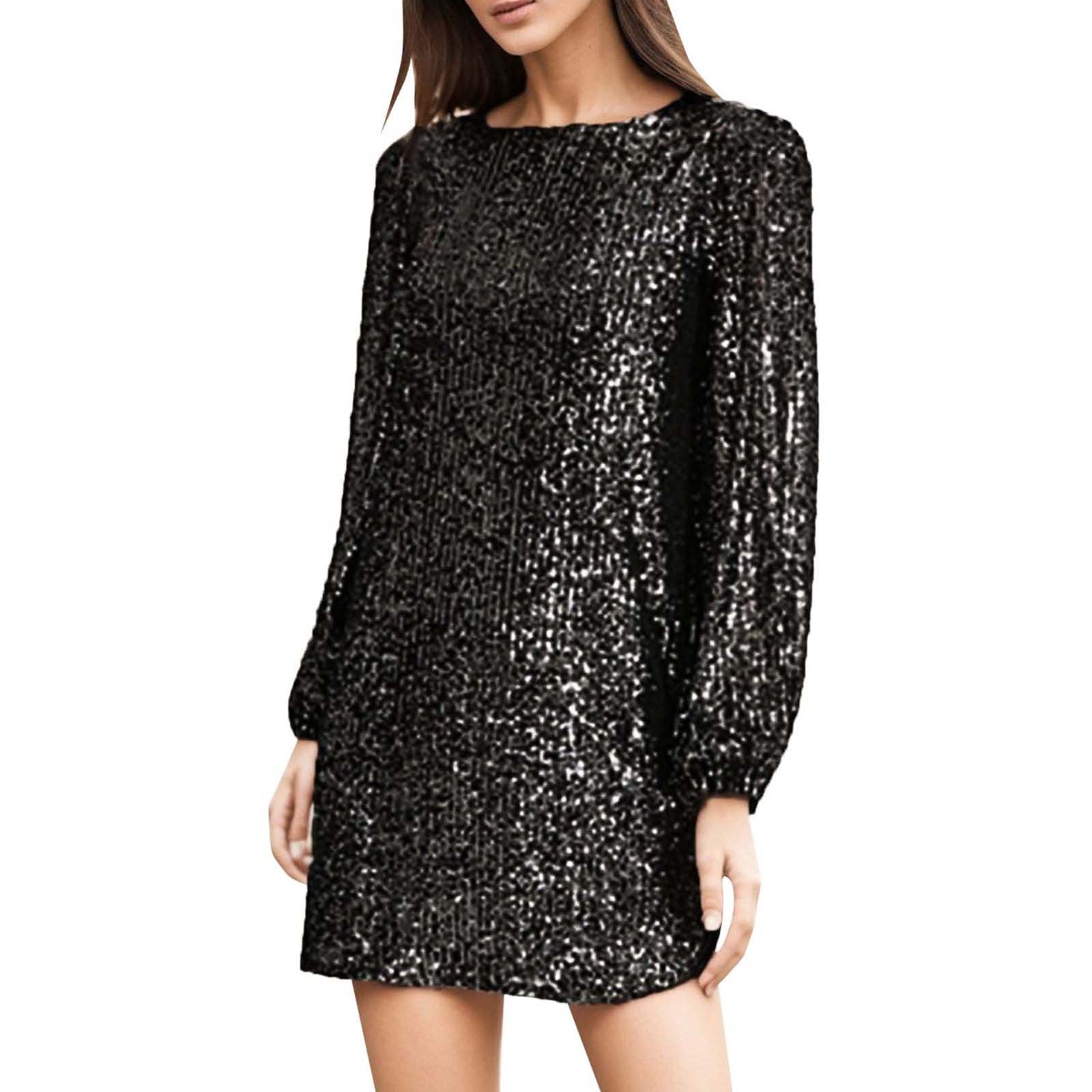Long Sleeve Black Sparkly Christmas Dress Wyzesi Party Dresses For