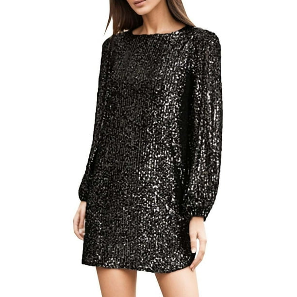 Mini vestido de lentejuelas de manga larga para mujer - Vestido de cóctel brillante y brillante, poliéster, cuello redondo, corte en A