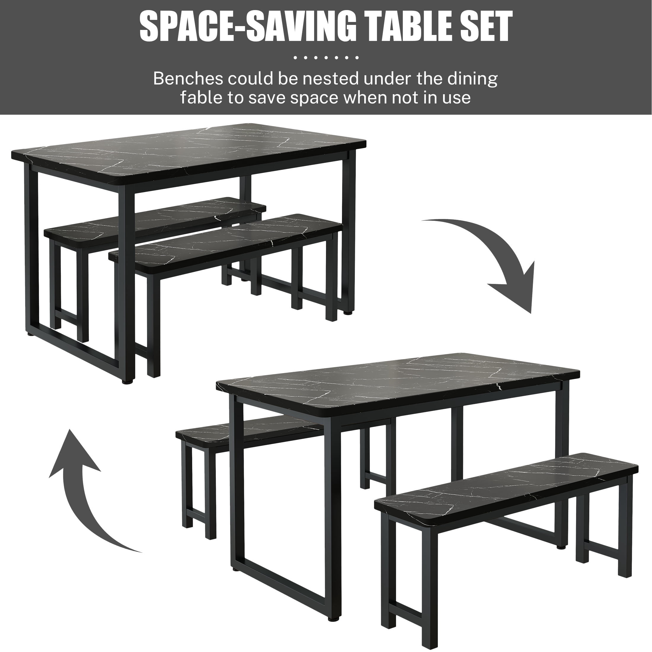 PORKISS 47.2" Dining Table Set for 4, Kitchen Table with 2 Benches, Wood Dining Room Dinette Sets with Metal Frame for Breakfast Nook and Small Space - Black