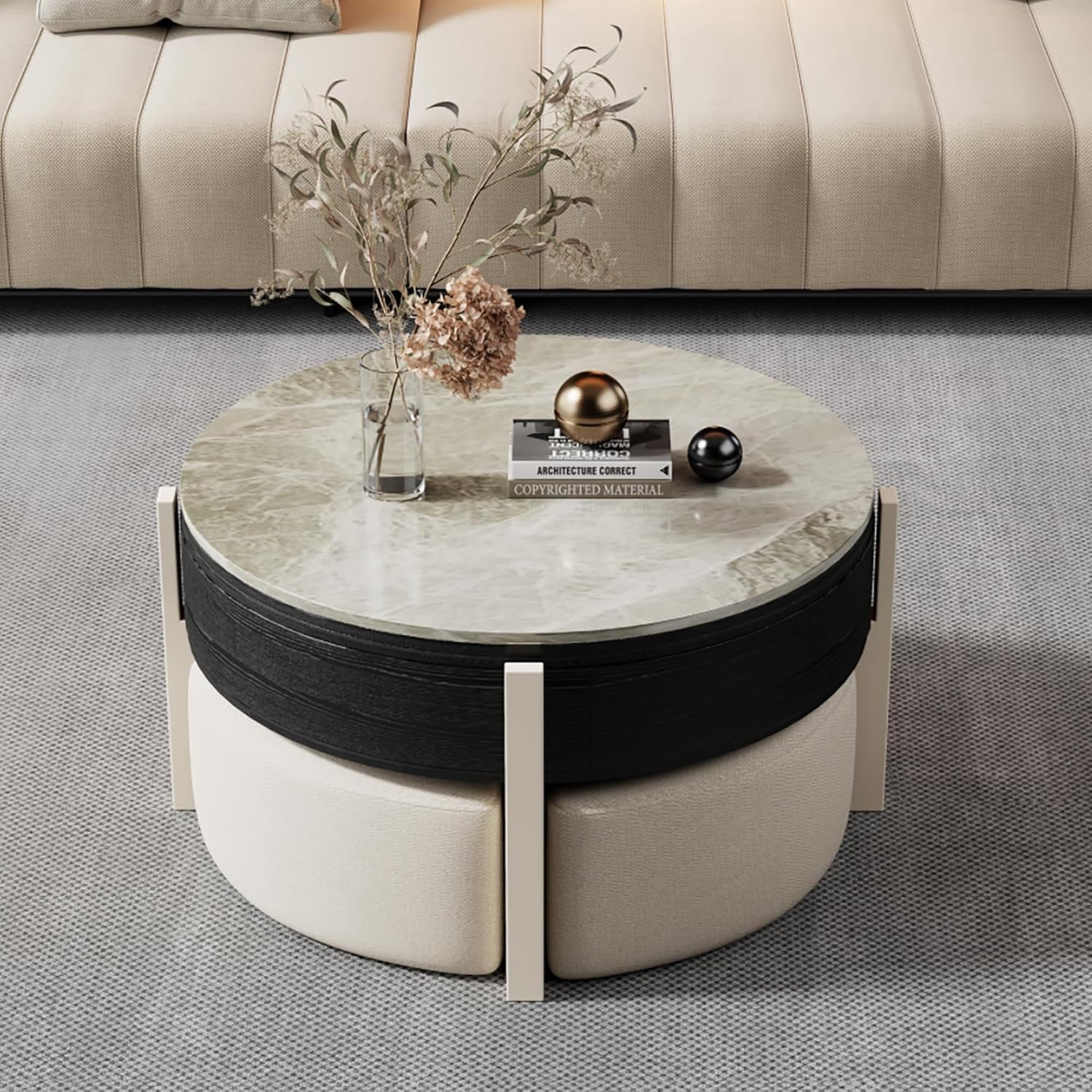 Modern Lift Top Coffee Table for Living Room, 31.5" Round Coffee Table with Storage Drawer, Lift Coffee Table with Stools, Wood Coffee Table with Sintered Stone Top