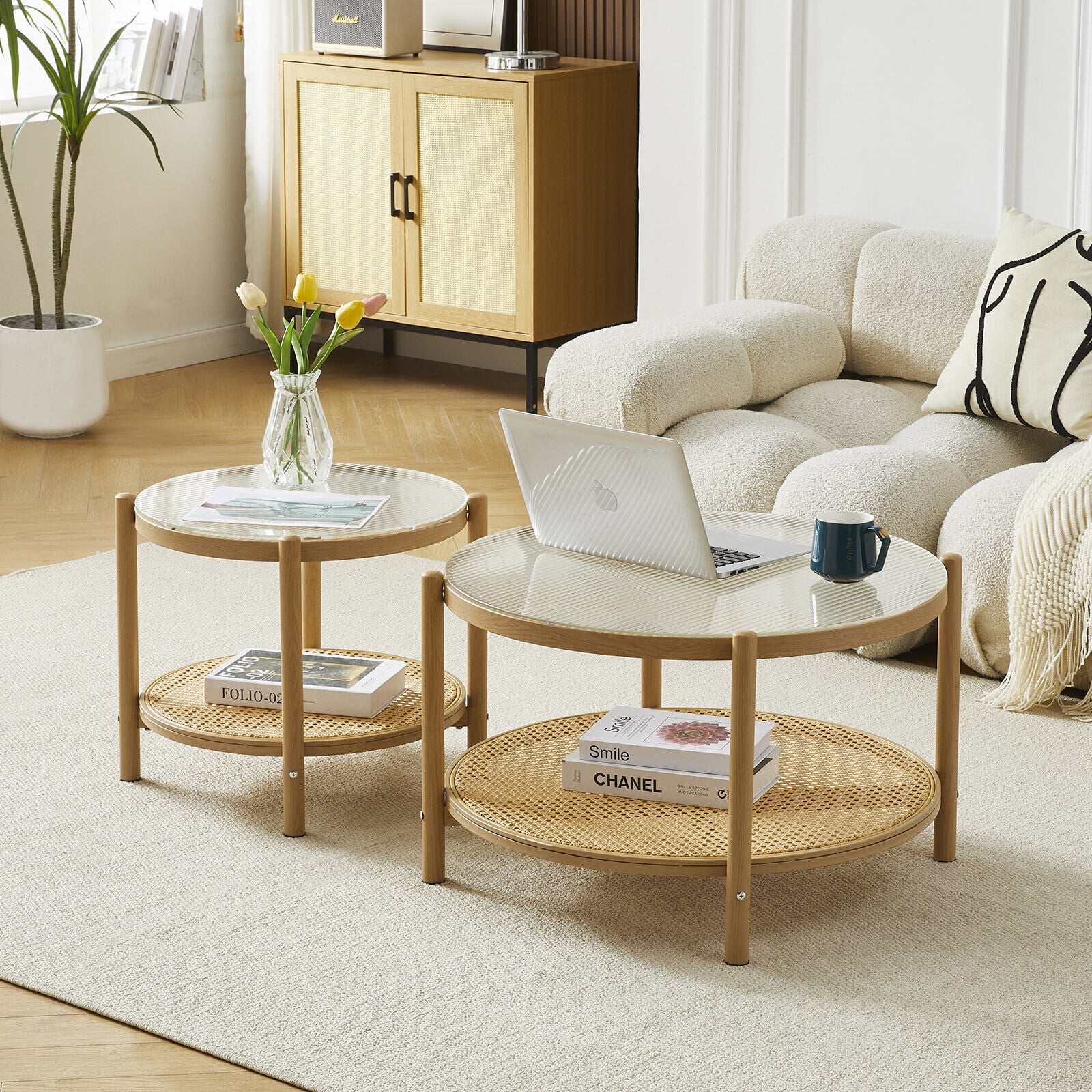 COSVALVE 2 Tier 27.5" Boho Rattan Round Glass Coffee Table