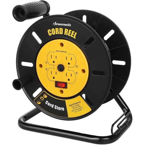 DEWENWILS Retractable Extension Cord Reel, 125V/1625W Portable Power with 4 x 5-15R Outlets, 13A Circuit Breaker, Illuminated ON/OFF Switch, Rotary Handle & Powder