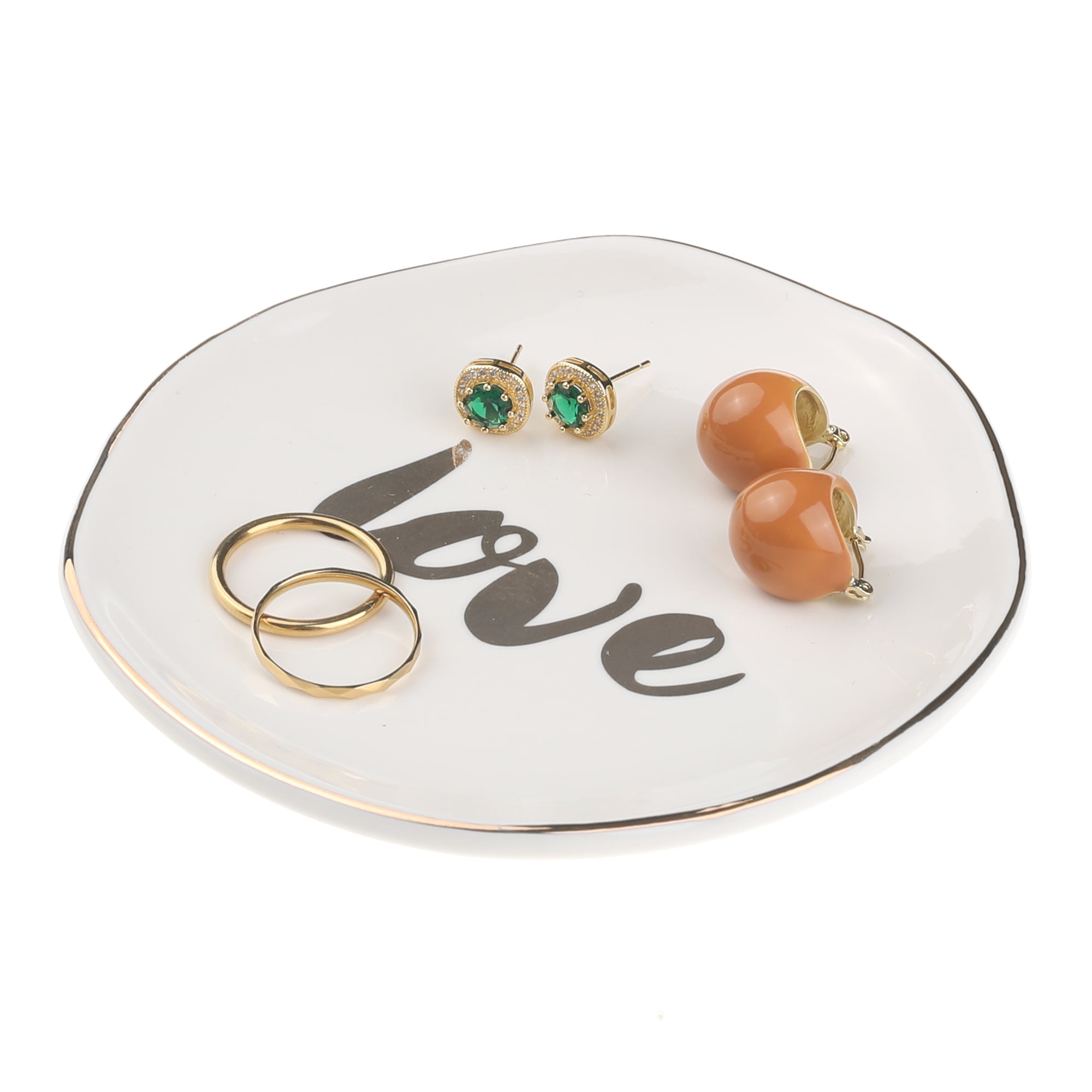Unique Bargains Ceramic Jewelry Tray White Love Pattern 4.5*4.5*0.5 Inch