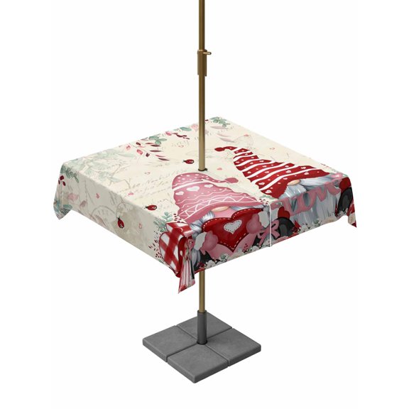 Outdoor Tablecloth with Umbrella Hole and Zipper, Valentine's Gnomes Square Table Cloth 54x54 Inch Waterproof Tablecloth, Weeping Eucalyptus Pink Red Love Heart Rustic Picnic Table Cover for Patio