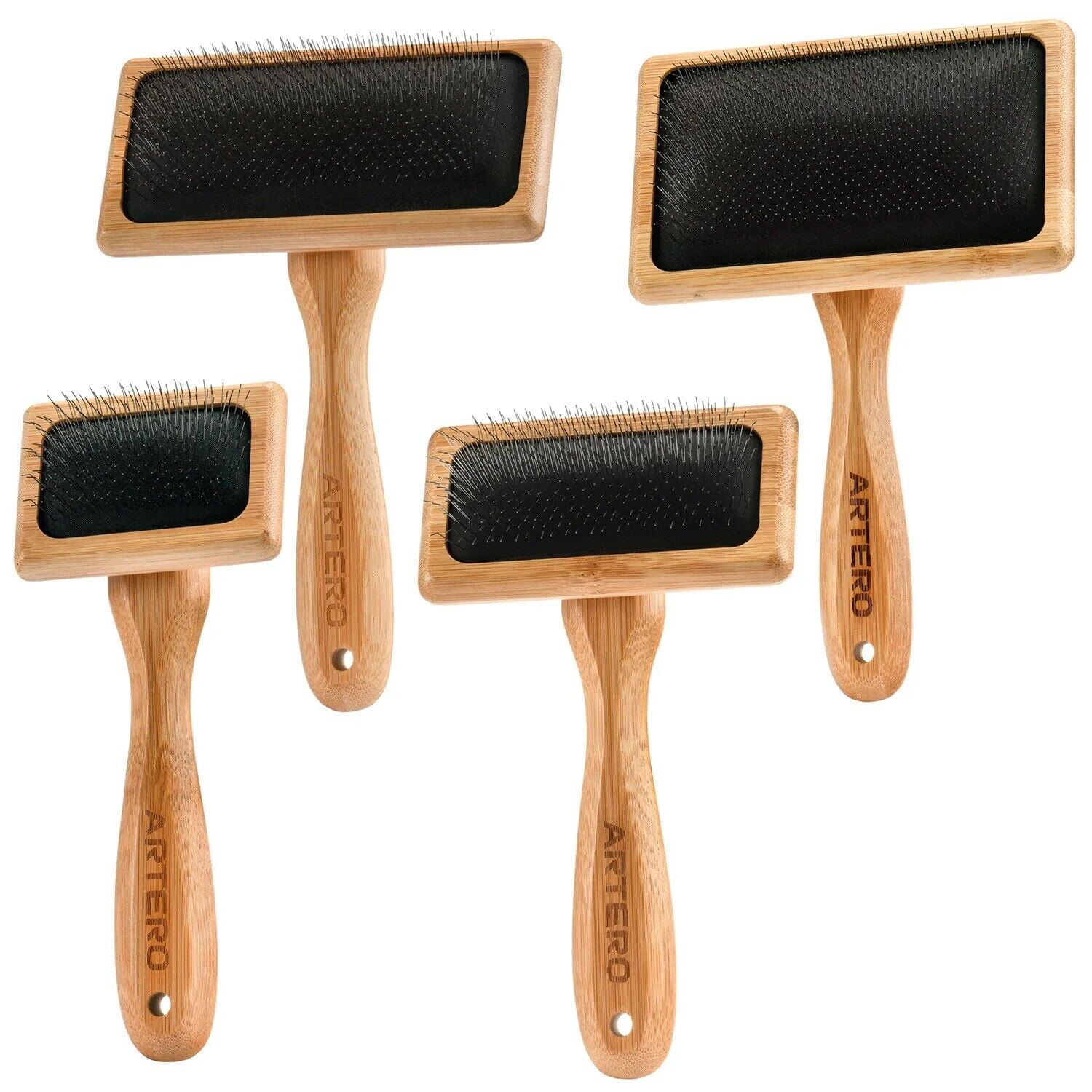 Dog Cat Slicker Brushes Ergonomic Bamboo Handle Fine Bristle Untangles Mats (Full Set All 4