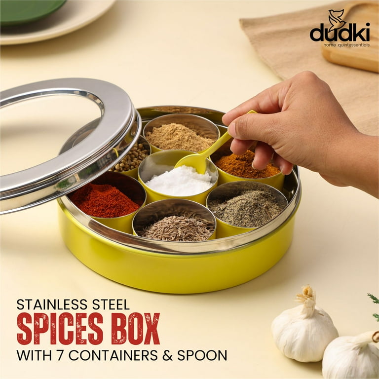 21 Cm Indian Handmade Stainless Steel Traditional Masala Dibba High Quality 7 Container Spice outlet Box Round Spice Box With Double Lid & Spoon