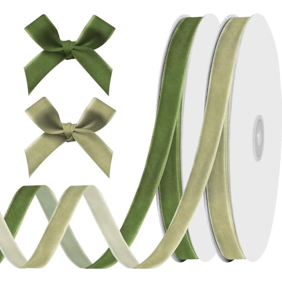 Hying 2 Rolls 3/8" Sage Green Velvet Ribbon Light Green Thin Ribbon Assorted Solid Ribbons
