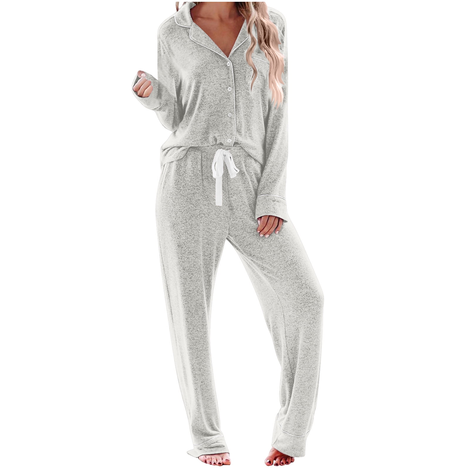 Pyjama Femme 2 Pièces En Coton - Haut Boutonné Manches Longues Et Pantalon à Poches - Ensemble Décontracté Confortable