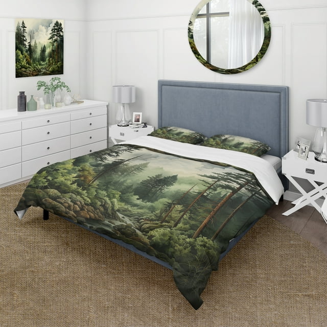 Designart "Pine Forest Tree" Landscapes Bedding Covert Set - Tree Pine Green Floral Bed Set With 2 Shams