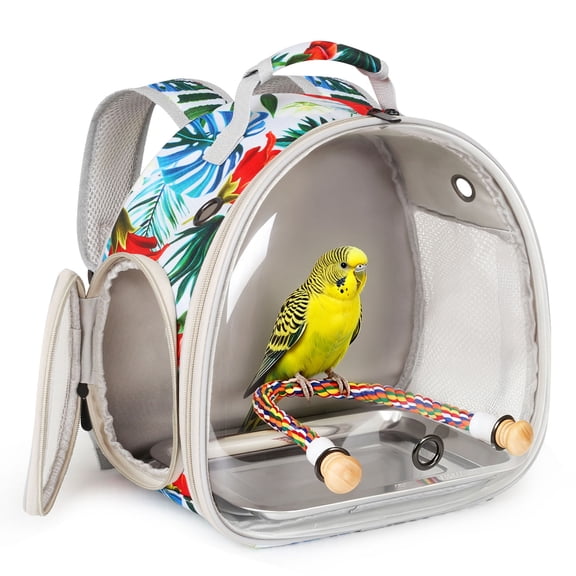 Tropical Print Clear View Bird Travel Backpack Carrier for Small to Medium Birds (Cockatiels, Parakeets, Budgies) – Breathable Mesh, Standing Perch & Easy-Clean Tray