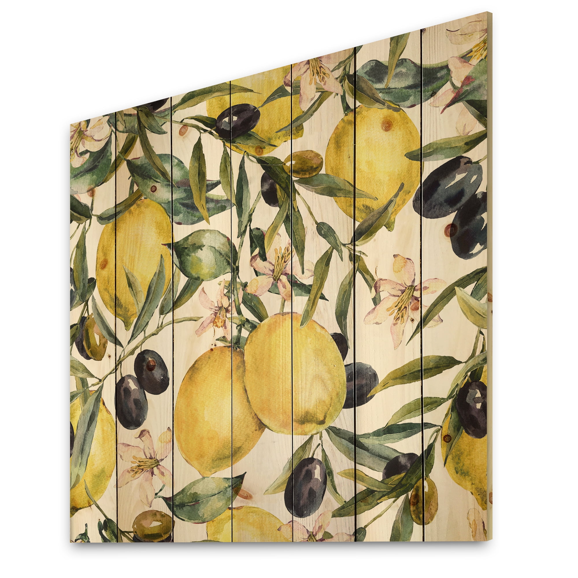 Designart 'Olive and Lemon Branches I' Tropical Print on Natural Pine Wood