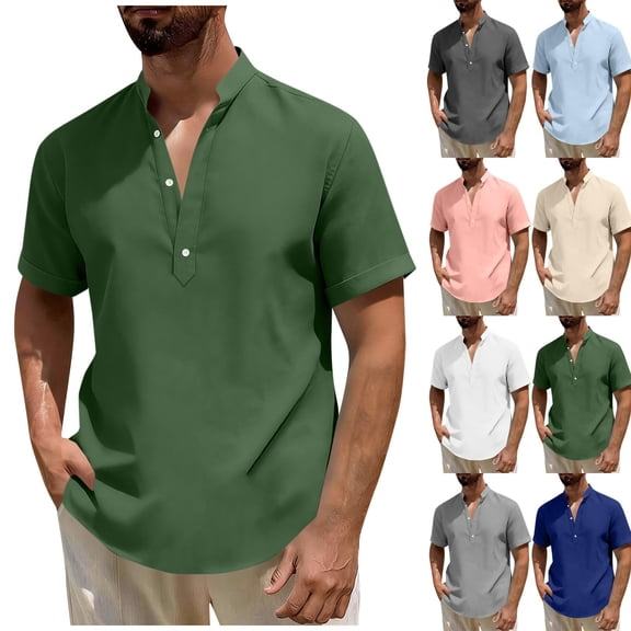 THDHVS Mens Summer Shirts,Men Solid Color Short Sleeve Mandarin Collar Shirt Half Button Placket Casual,T Shirts for Man Light Blue 3XL