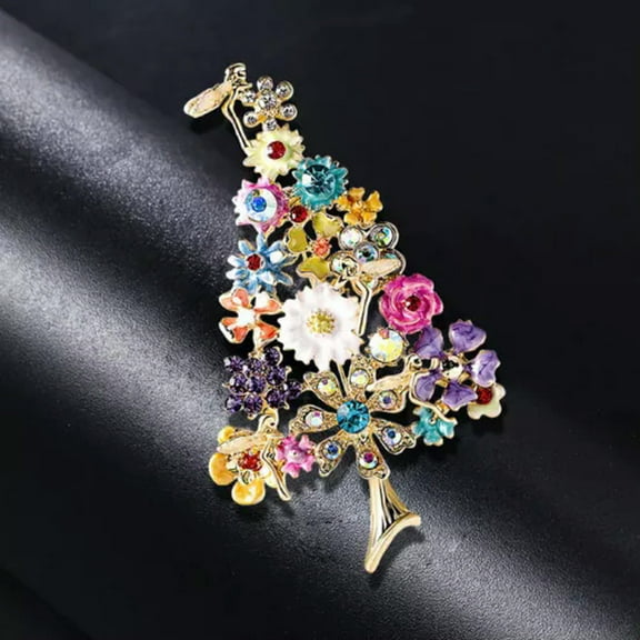 GKNET Vintage Style Enamel Crystal Flower Fairy Christmas Tree Brooch / Pendant