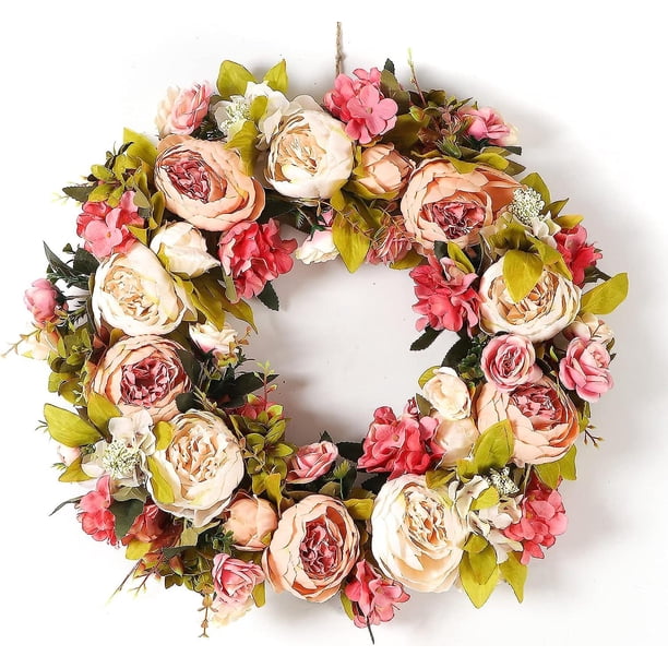 Coronas de primavera de peonía para puerta de entrada exterior, coronas hechas a mano para decoración de ventanas de pared de puerta de entrada en todas las estaciones (grandes)