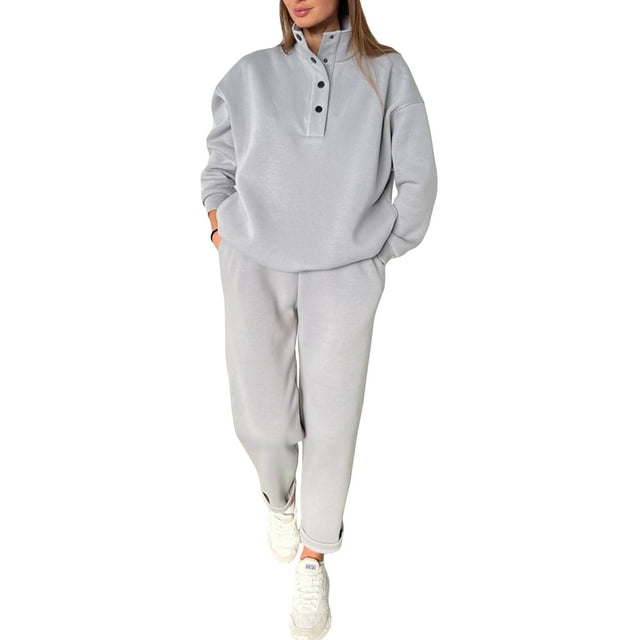 xiaxaixu Women 2 Piece Tracksuits Solid Color Buttons Sweatshirt and Sweatpants for Activewear Fall Workout Outfits Set