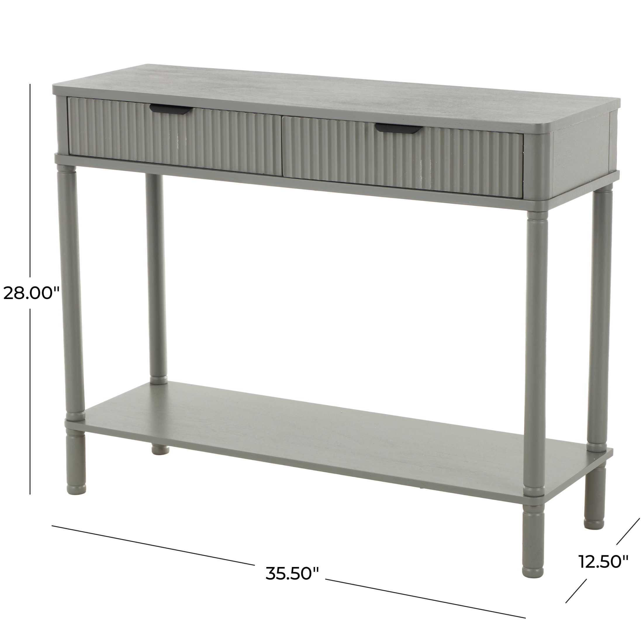 DecMode 36" x 28" Gray Wood Handmade 2 Drawer Console Table with Black Handle and Ribbed Front, 1-Piece