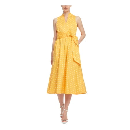 ANNE KLEIN Womens Yellow Stretch Pocketed Ruched Tie Polka Dot Sleeveless Split Midi Formal Fit + Flare Dress S