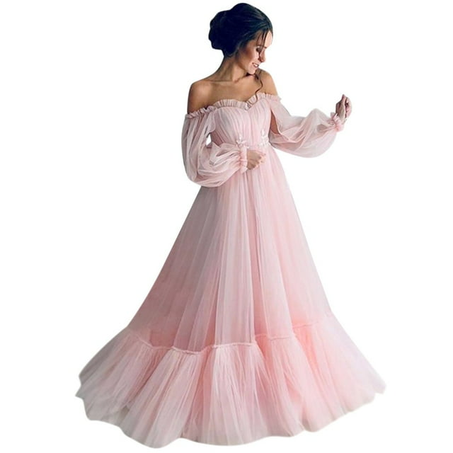 2025 Robe Rec Mignonne Unie pour Femmes à Manches Longues, Col Barré, Robe de Bal en Gaze Longue et Longue