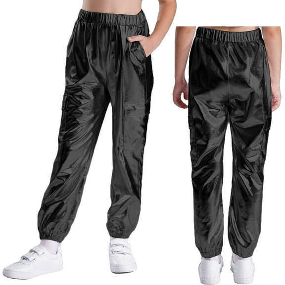 iixpin Girls Boys Shiny Dance Pants Jazz Hip Hop Performance Costume Streetwear Athletic Sweatpants Black 10