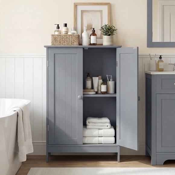 Gymax Bathroom Storage Cabinet Freestanding Wooden Floor Cabinet w/ Double Doors Adjustable Shelf Modern Storage Organizers for Kitchen Living Room Entryway Gray