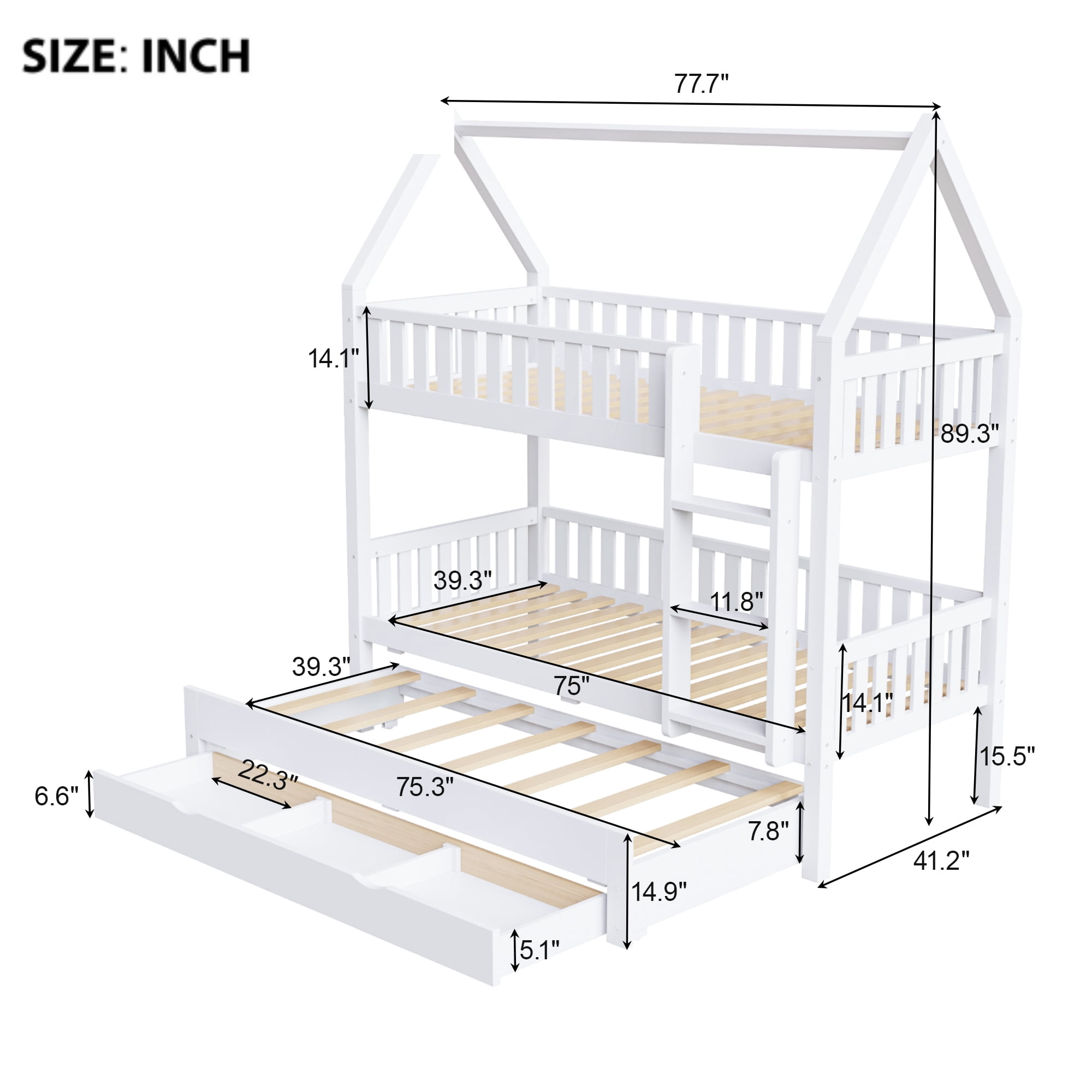 Mintazer Twin Over Twin House Bunk Bed with Trundle & 3 Drawers, Kids Bunk Bed Frame with Ladder, White
