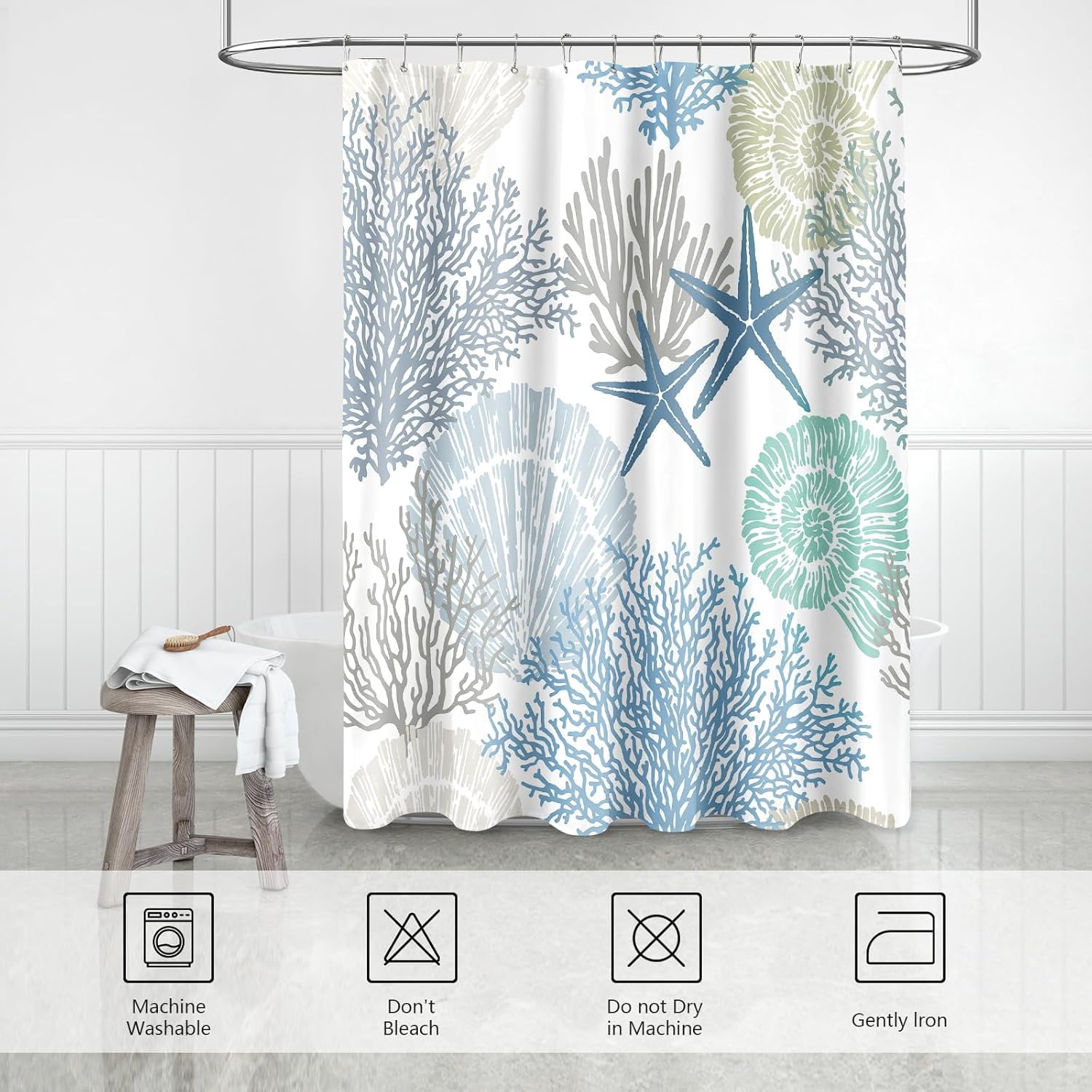 Extra Long Shower Curtain 72 x 84 Inch,Tall Nautical Coastal Fabric Shower Curtain, Summer Tropical Seashell Starfish Coral Beach Ocean Themed Shower Curtain for Bathroom Decor, Blue