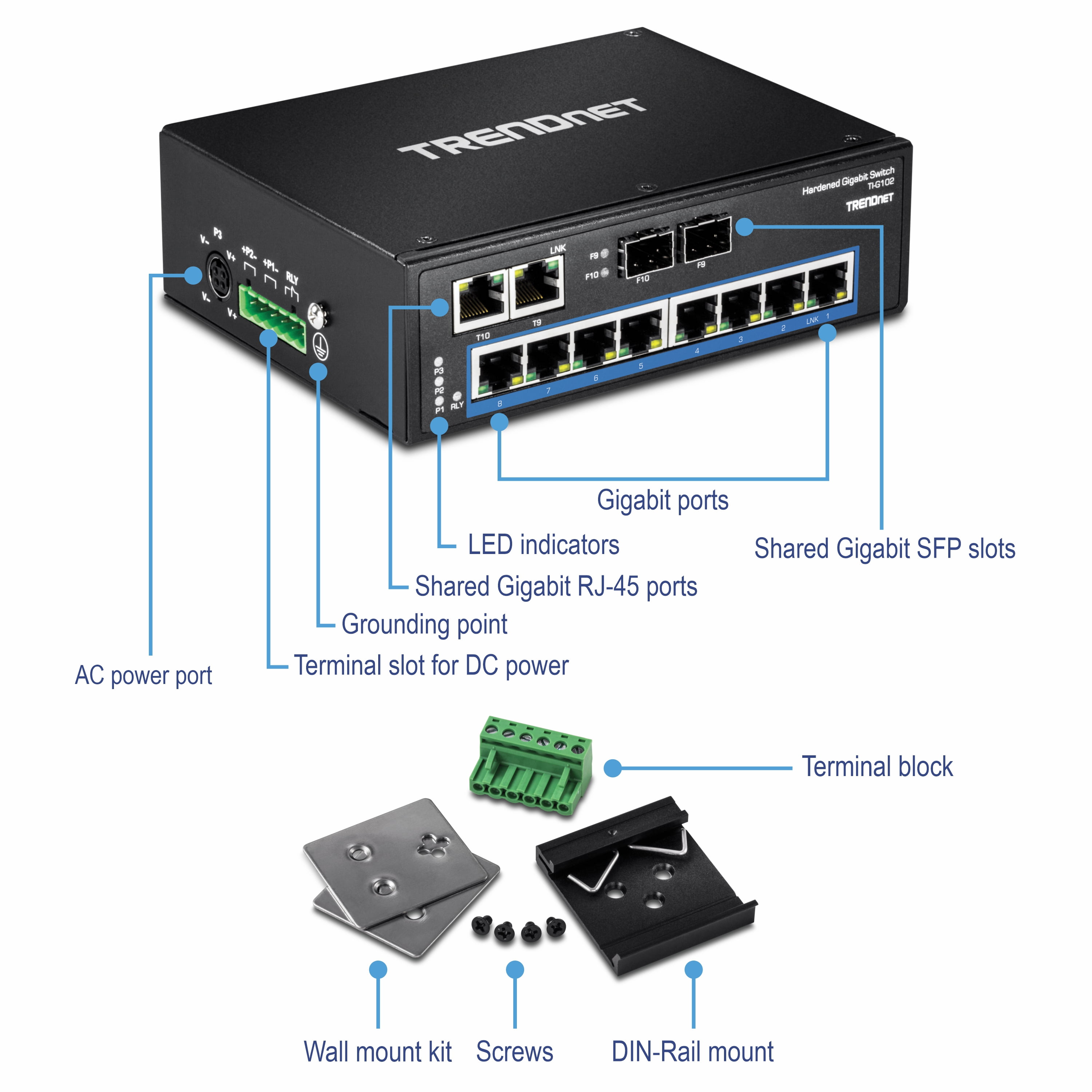 TRENDnet TI-G102 10-Port Hardened Industrial Gigabit DIN-Rail Switch