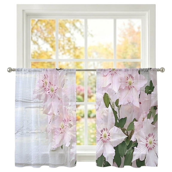 Spring Pink Flowers Sheer Curtains 45 inches Long, Retro Pastoral Wall Light Filtering Sheer Window Curtains Rod Pocket Voile Drapes for Bedroom Living Room, 2 Panels
