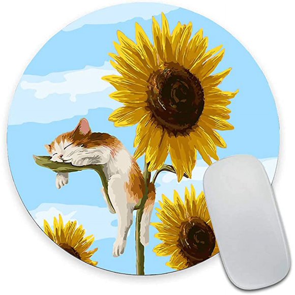 Round Mousepad, Cats and Sunflowers Mouse Pad, Premium-Textured Small Mouse Mat with Waterproof Non-Slip Rubber Base for Laptop Computer Office Desk Accessories,7.9 x 7.9 inch