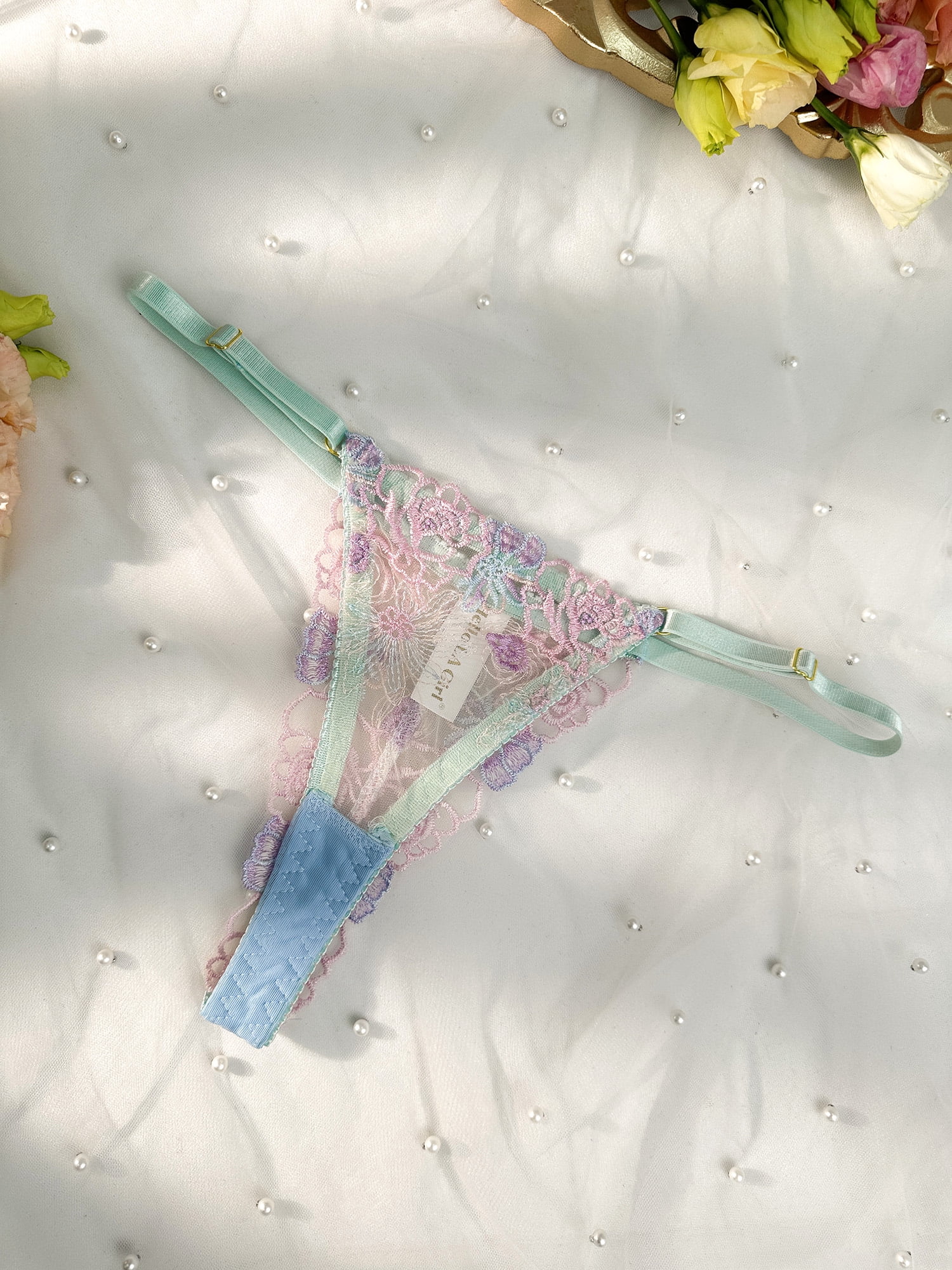 Blue Butterfly Bow Colorful Embroidered Flower Lingerie Set (BLUE, S)