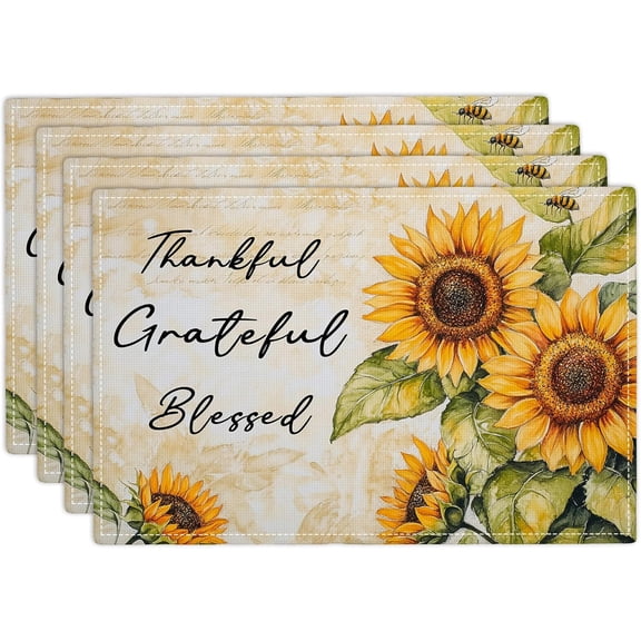 Farmhouse Sunflower Placemats Set of 4, Thankful Grateful Blessed Place Mats, Rustic Bee Dining Table Mats, Washable Placemats for Kitchen Dining Room Home Decor 18L'' × 12W''